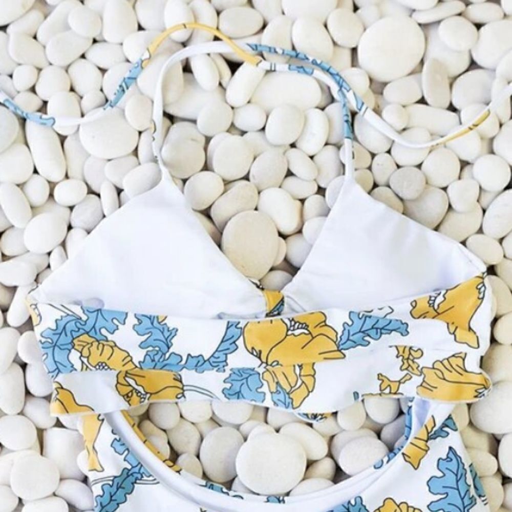 Monkini Suit Junior XL Gold Blue Floral Halter Tie Cut Out - Picture 7 of 12